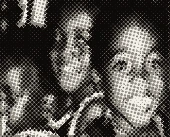 Three laughing children close together, black and white.