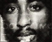 Close-up of Tupac’s face, with handwriting laid over the picture.